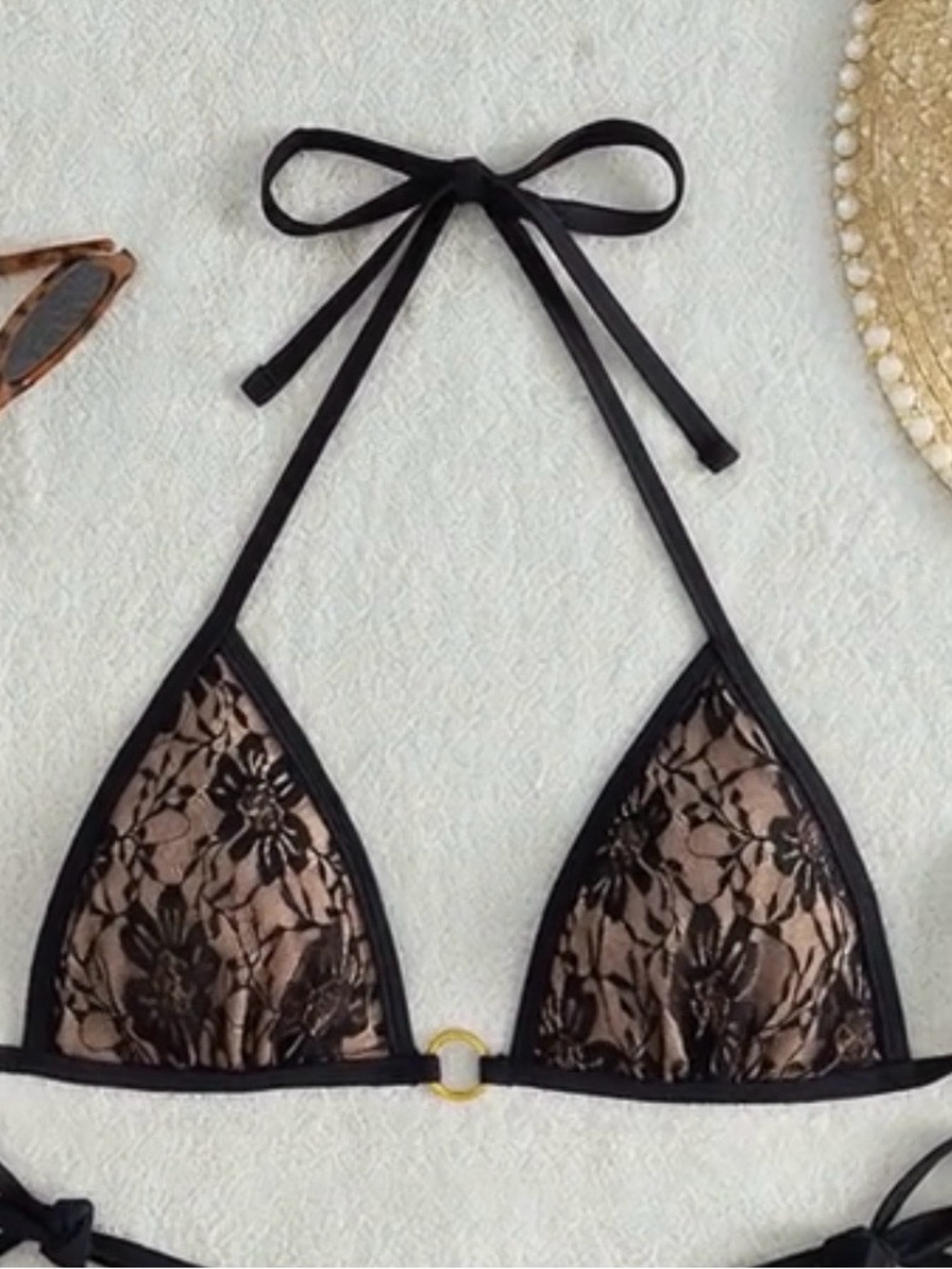 Black Lace Triangle Bikini Top with Nude Lining
